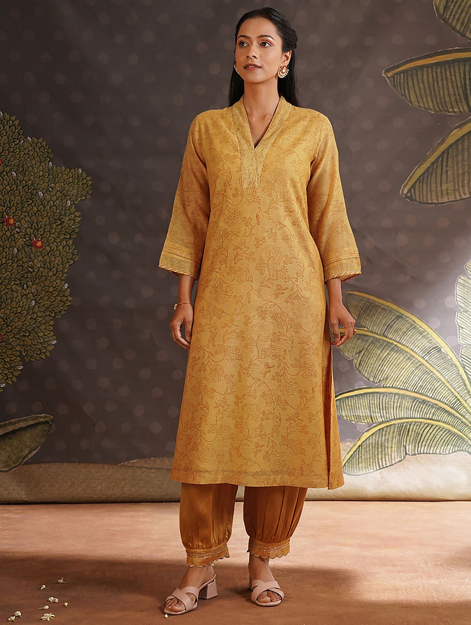 Women Mustard Yellow Cotton Silk V Neck Straight Kurta , Salwar & Dupatta - M