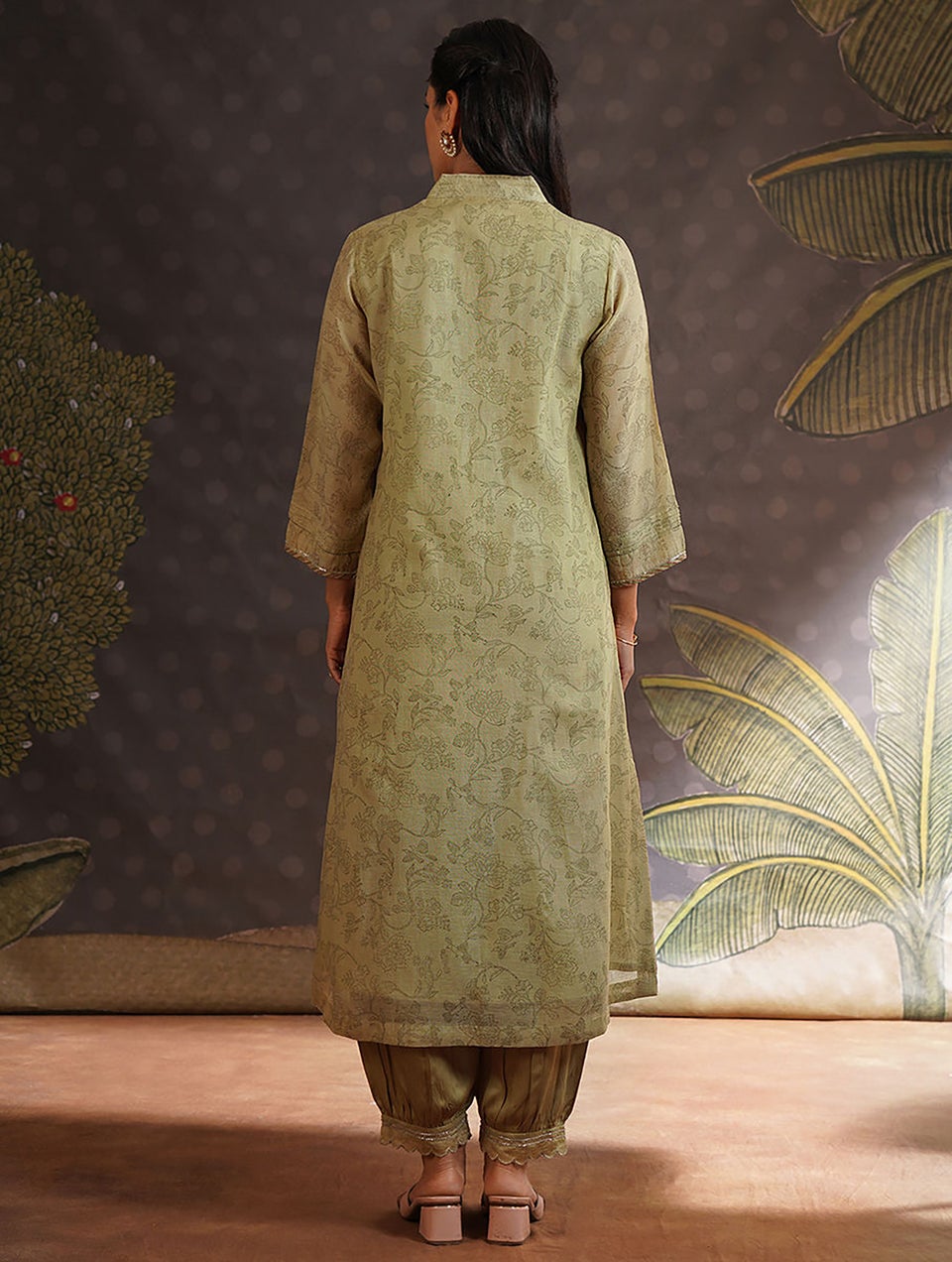 Women Green Cotton Silk V Neck Straight Kurta , Salwar & Dupatta - S