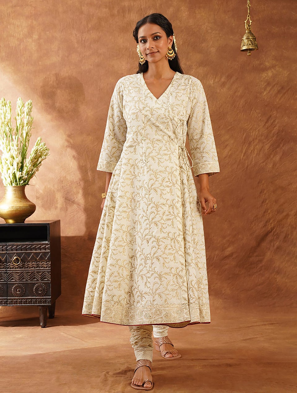 Women Ivory Cotton Khadi Angrakha Neck Anghrakha Kurta With Churidar Jaypore US