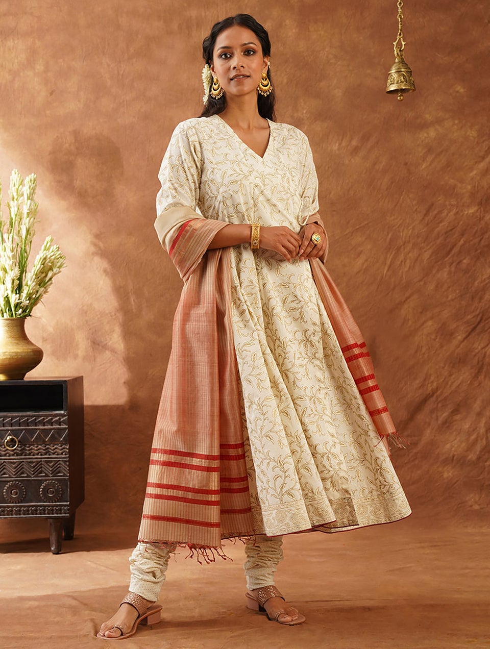 Women Ivory Cotton Khadi Angrakha Neck Anghrakha Kurta With Churidar Jaypore US