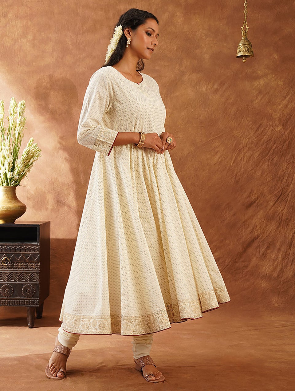 Women Ivory Cotton Khadi Round Neck Kalidar Kurta With Churidar - M