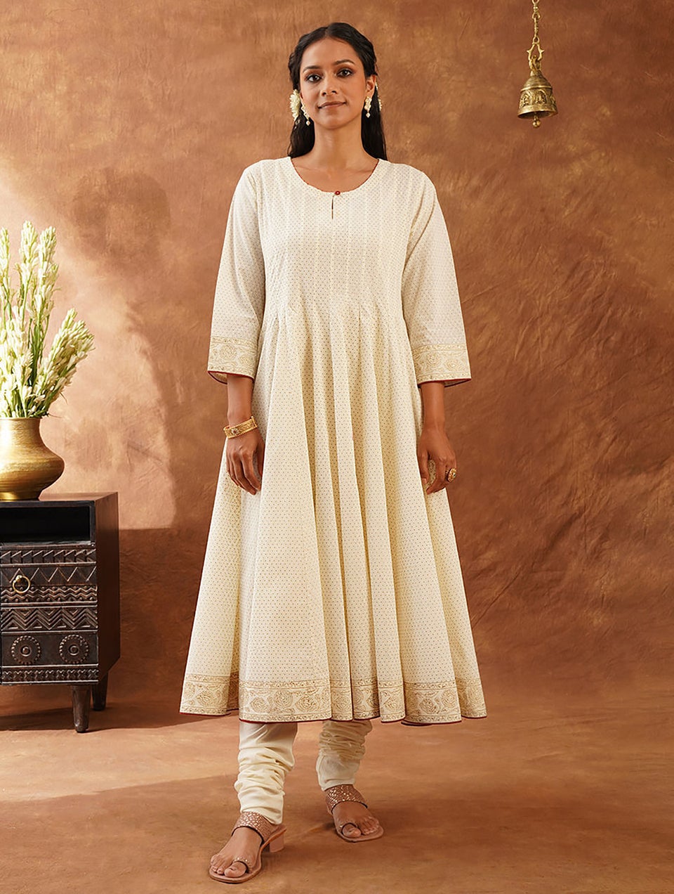 Women Ivory Cotton Khadi Round Neck Kalidar Kurta With Churidar - M