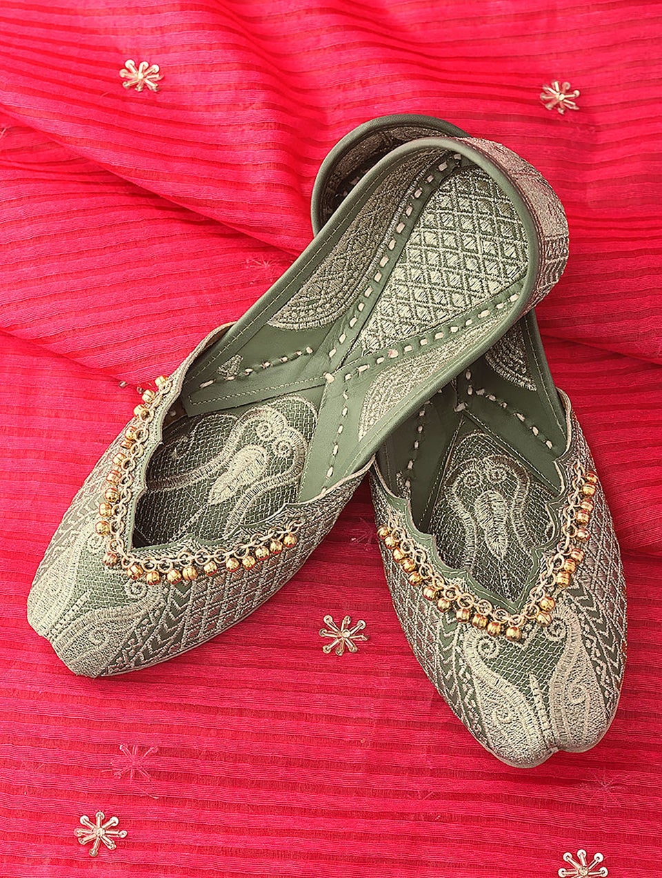 Women Olive Green Handcrafted Leather Juttis with Ghungroo and Zari Work