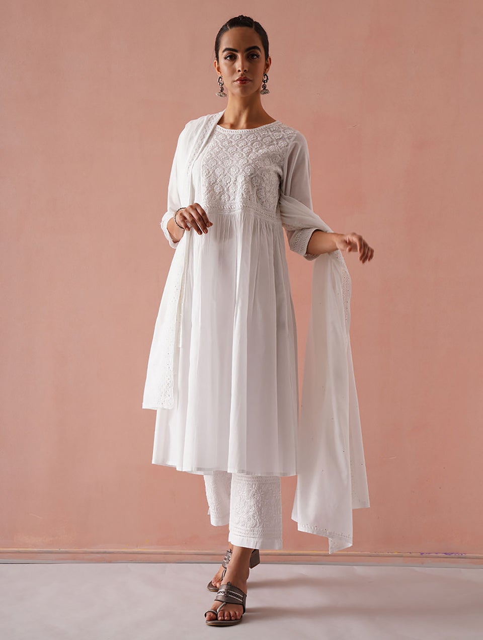Women White Chikankari Cotton Kurta Dress With Mukaish