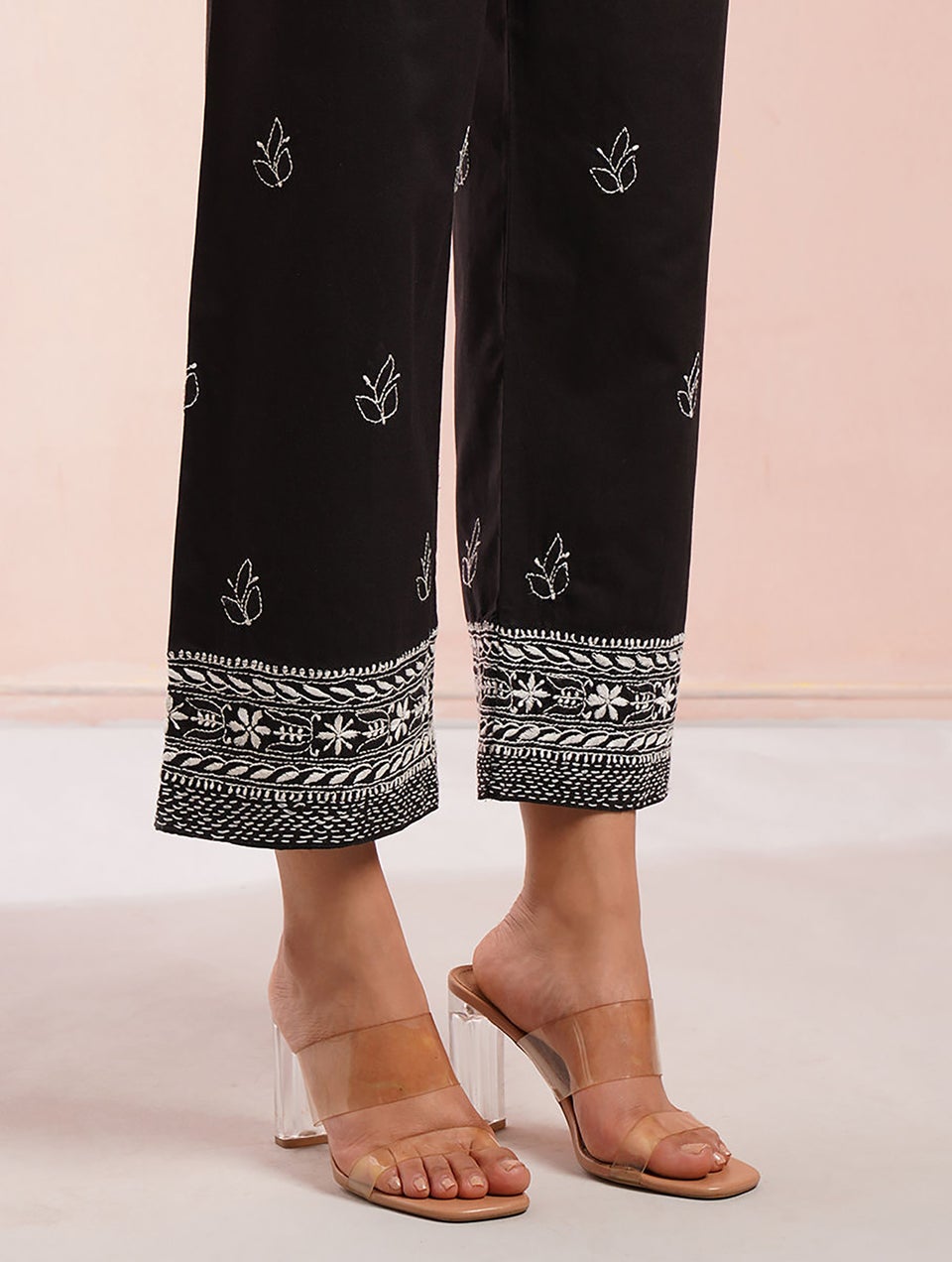 Women Black Cotton Embroidered Ankle Length Regular Fit Pant - XS