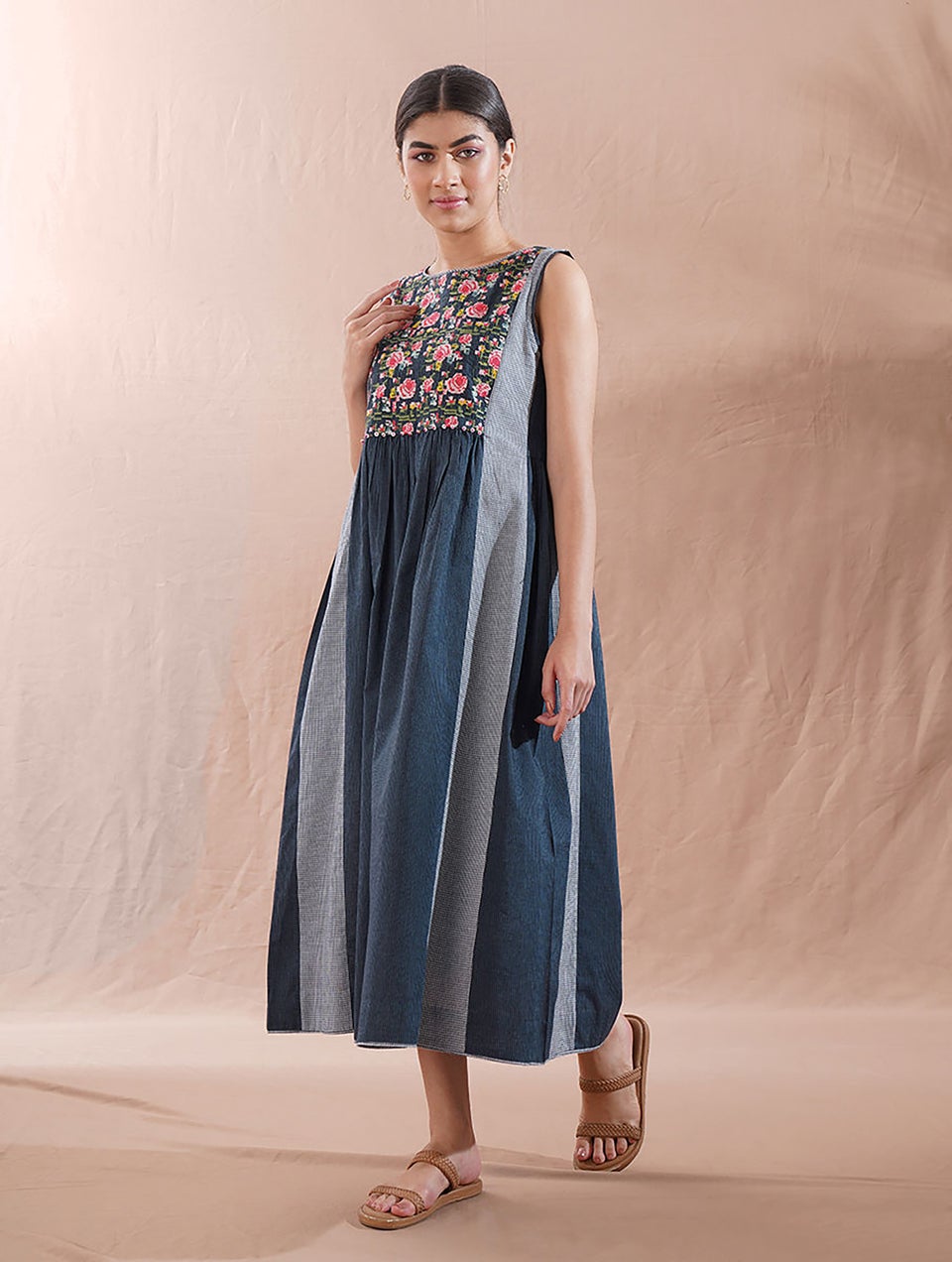 Women Blue Embroidered Cotton Dress With Hand Work
