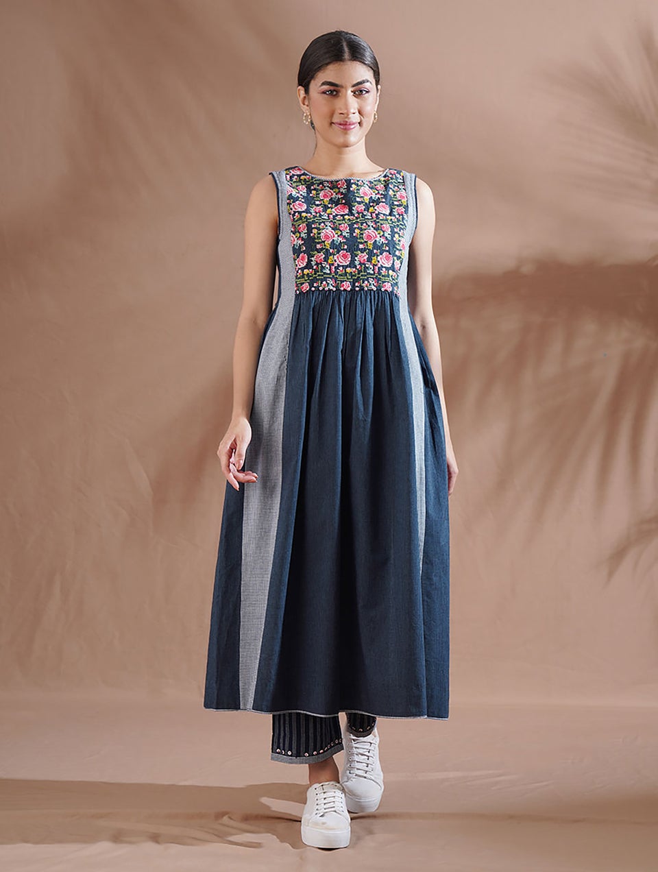 Women Blue Embroidered Cotton Dress With Hand Work
