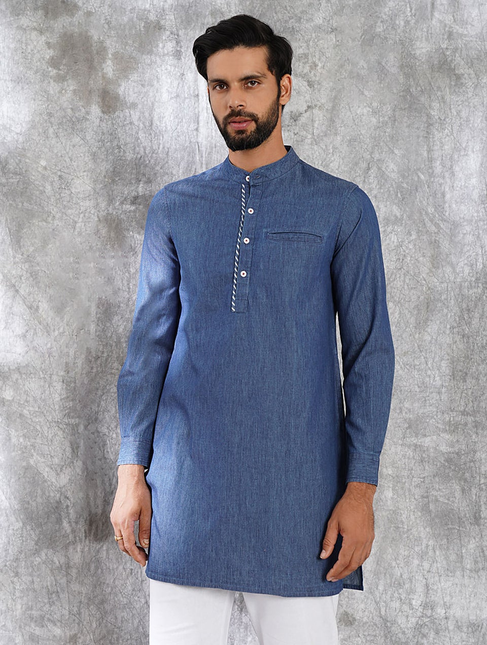 Men Blue Denim Mandarin Collar Regular Fit Kurta - 38