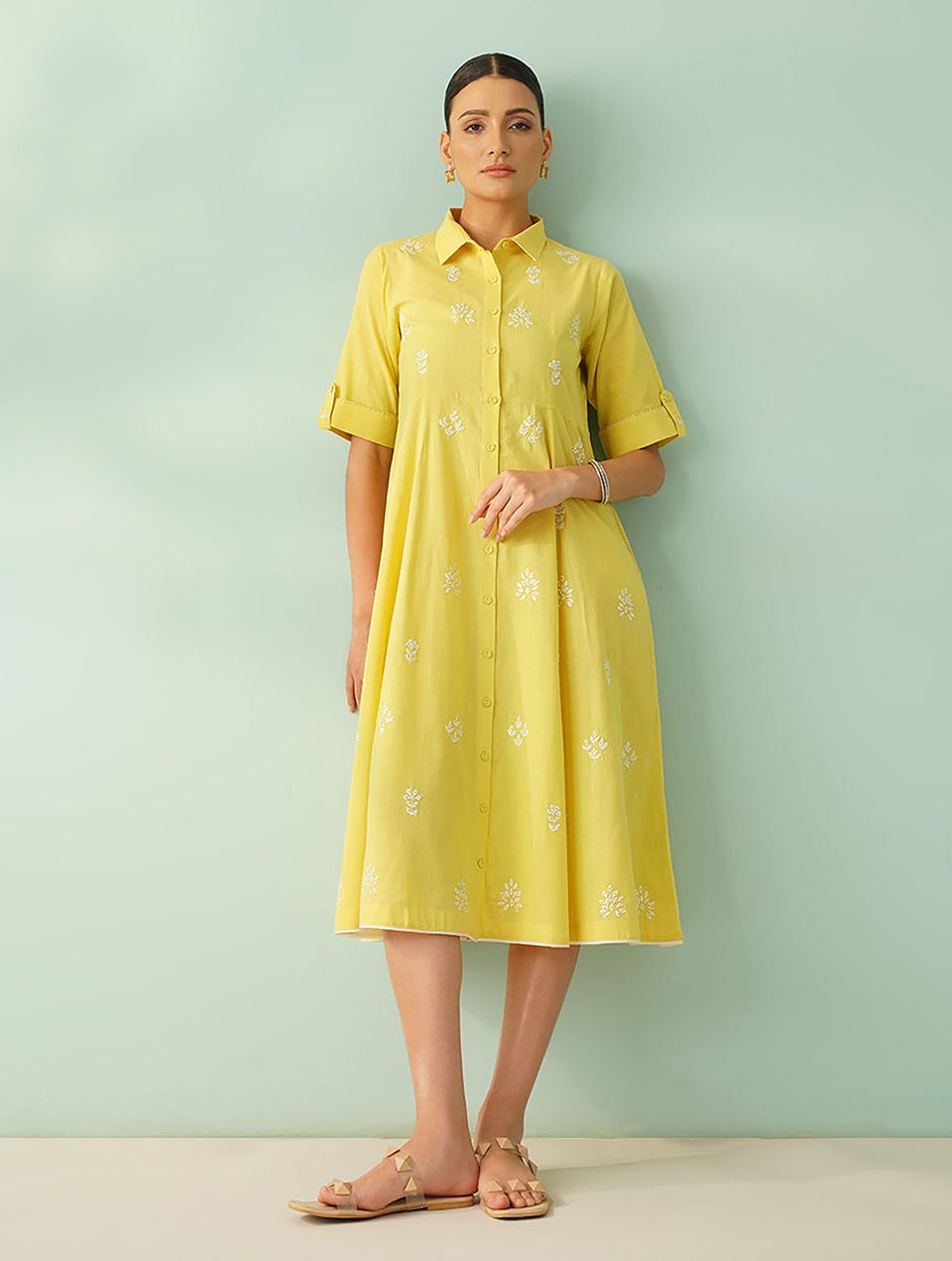Women Yellow Cotton Dress With Hand Phool-Patti Applique