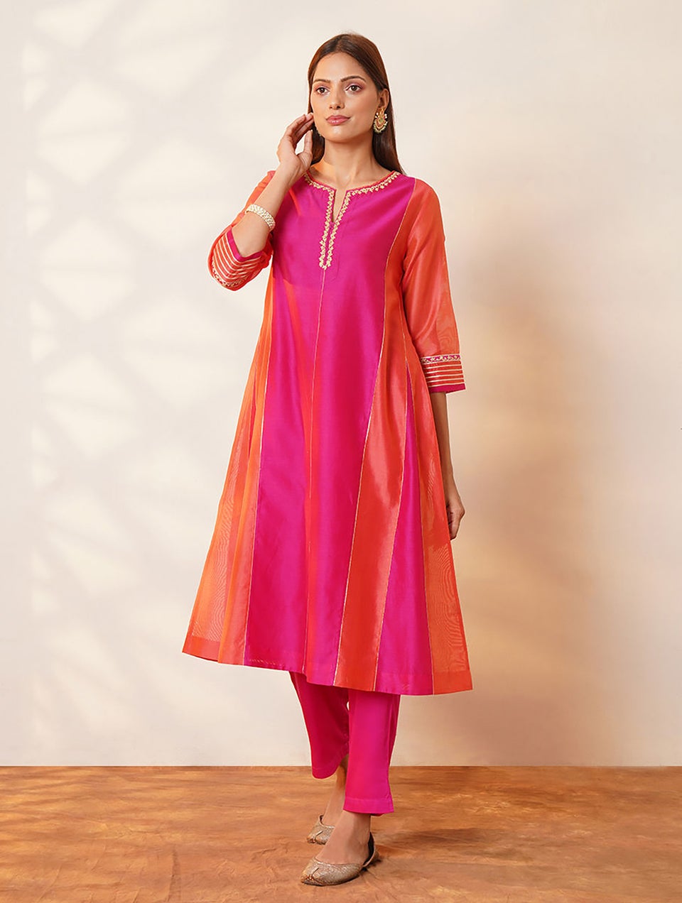 Women Multicolour Gota Patti Round Neck Kurta And Slip - S