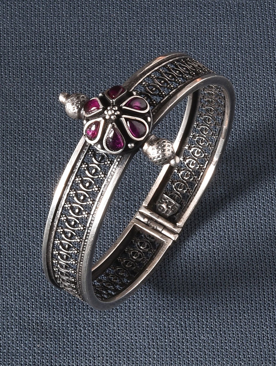 Women Pink Kempstone Encrusted Tribal Silver Bangle