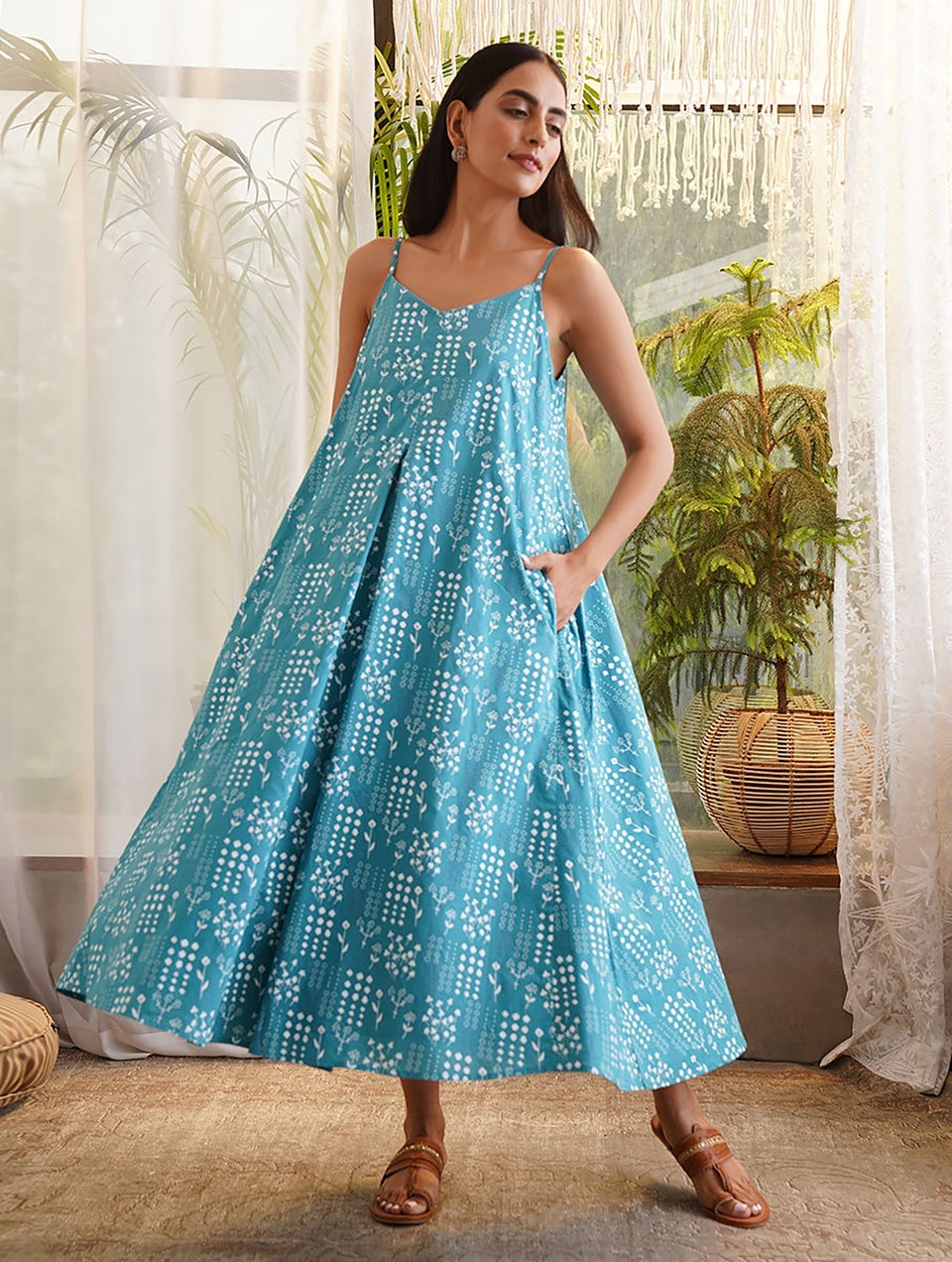 Women Blue Printed Cotton Dress with Pockets