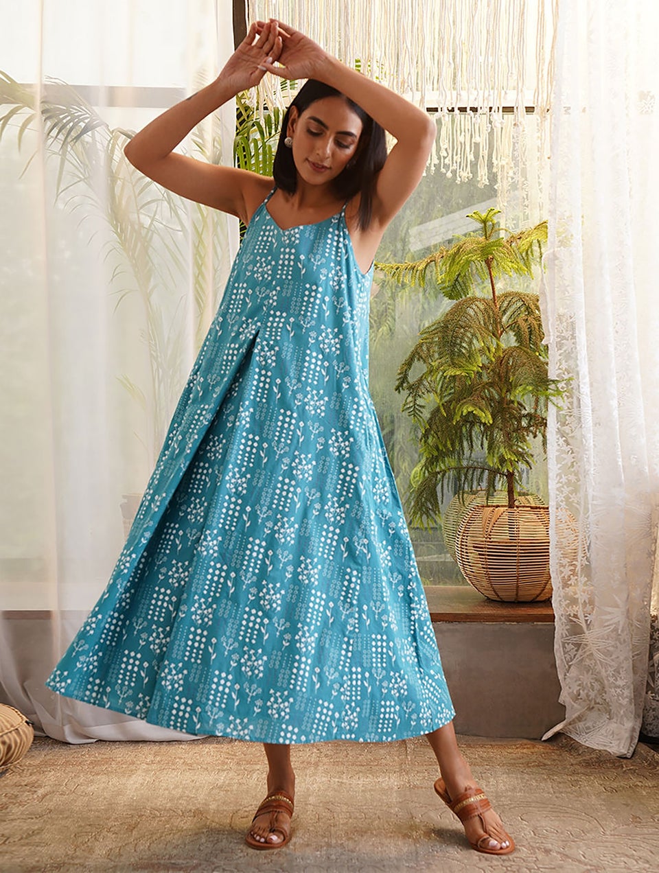 Women Blue Printed Cotton Dress with Pockets