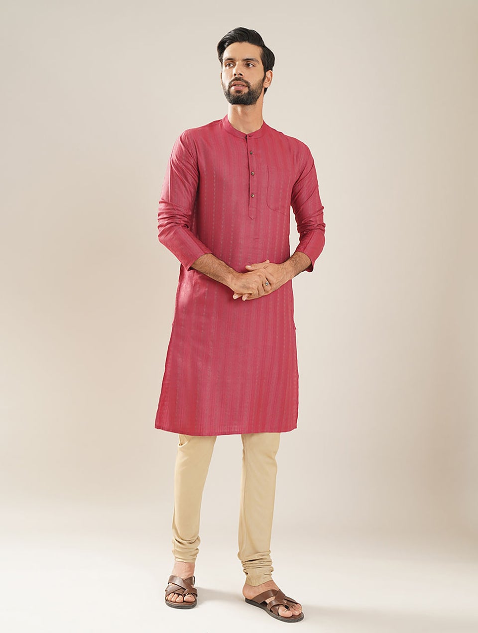 Men Red Silk Viscose Mandarin Collar Regular Fit Kurta - 44