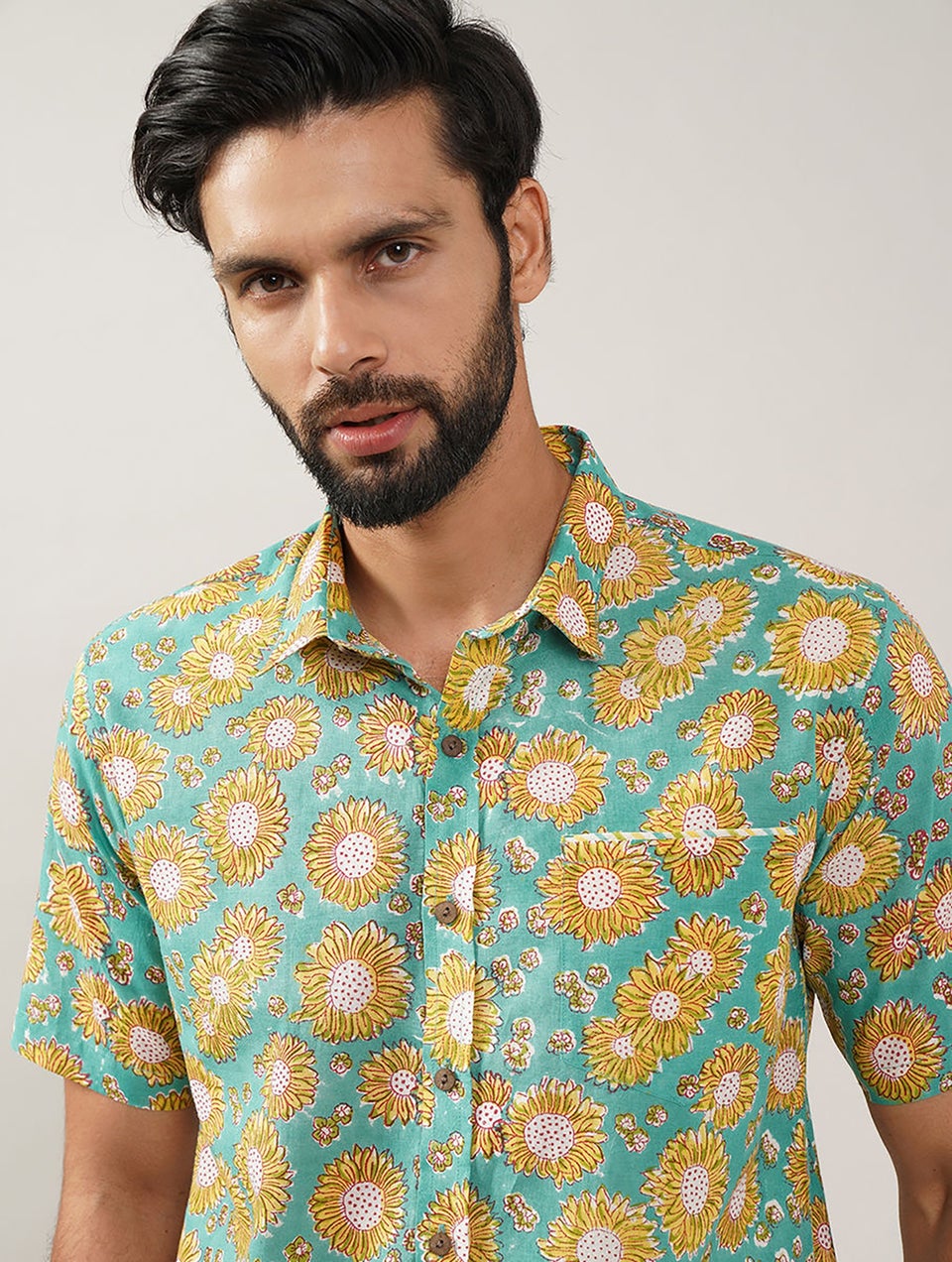 Men Multicolor Block Printed Cotton Half Sleeve Shirt - 40