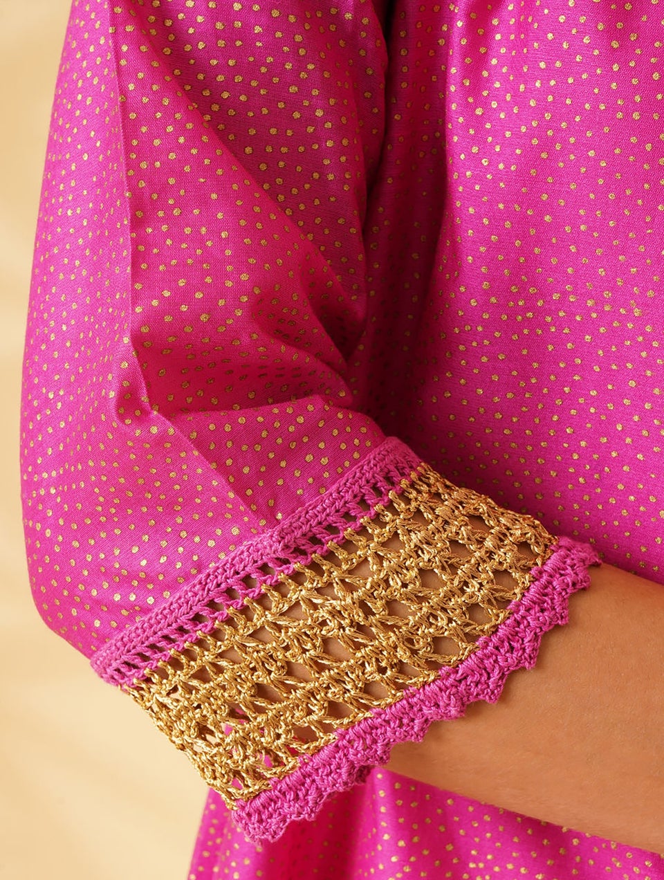 Women Fuchsia Khadi Silk Cotton kurta With Crochet And Slip