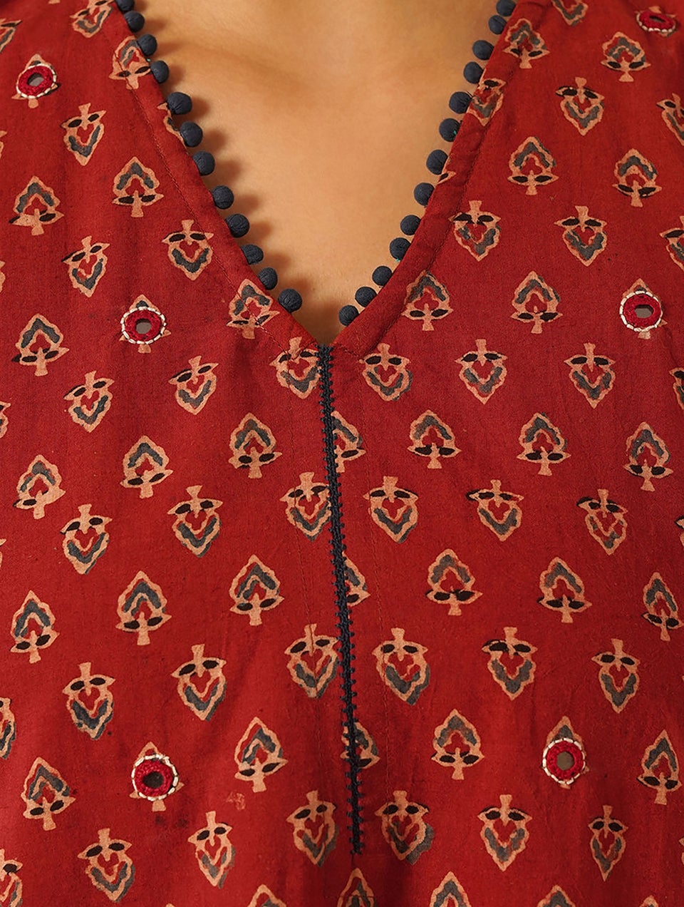 Women Red Natural Dyed Ajarkh Cotton Dress With Mirror Work
