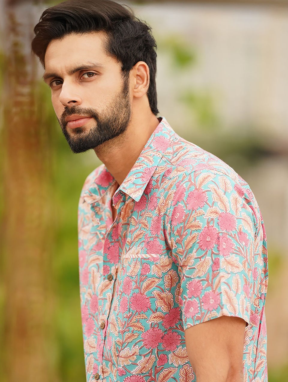 Men Multicolor Block Printed Cotton Half Sleeve Shirt - 36