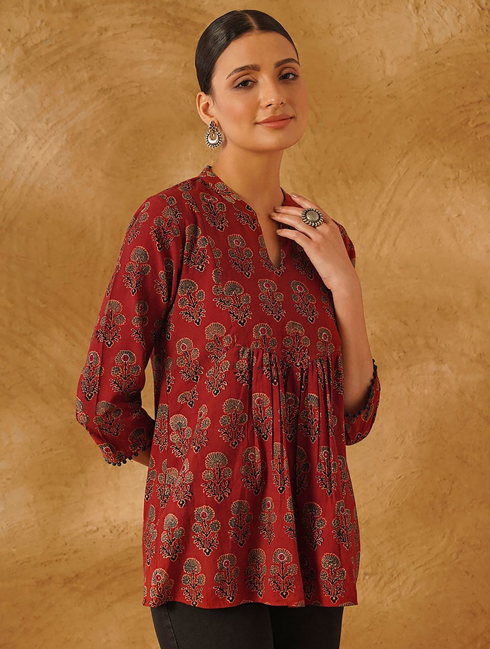 Women Red Natural Dyed Ajrakh Cotton Tunic With Mirror Work