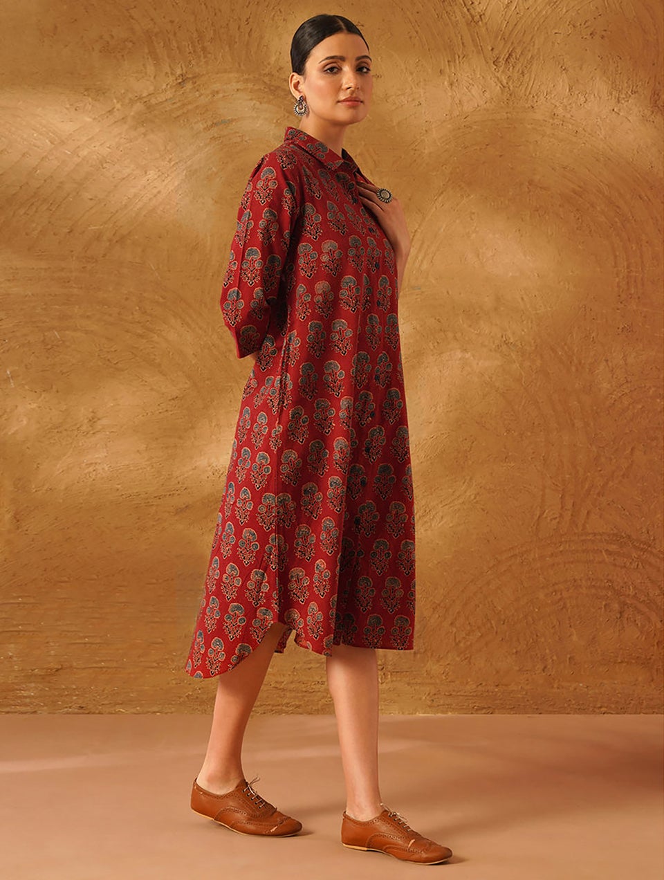 Women Red Natural Dyed Ajrakh Cotton Dress With Pockets