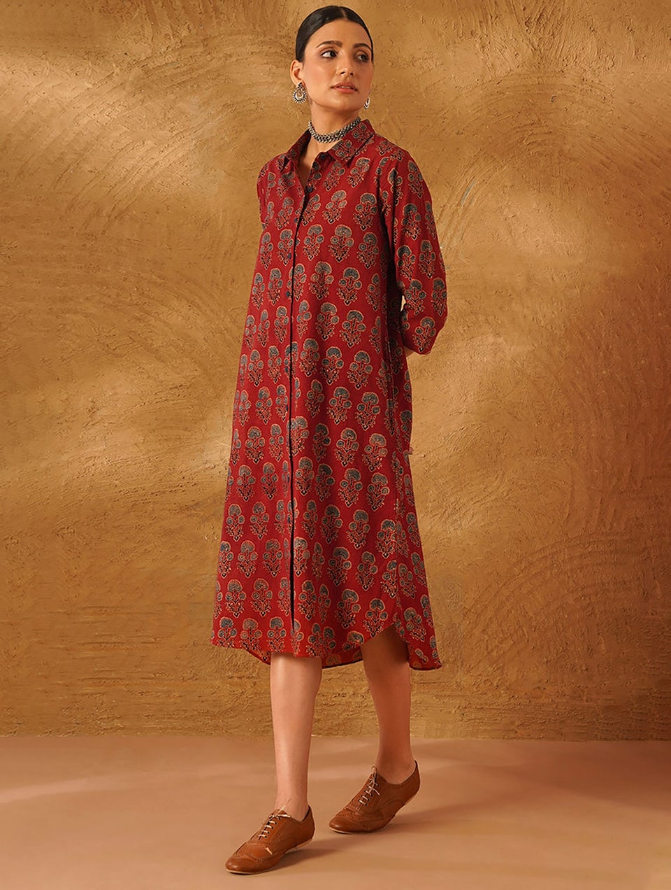 Women Red Natural Dyed Ajrakh Cotton Dress With Pockets