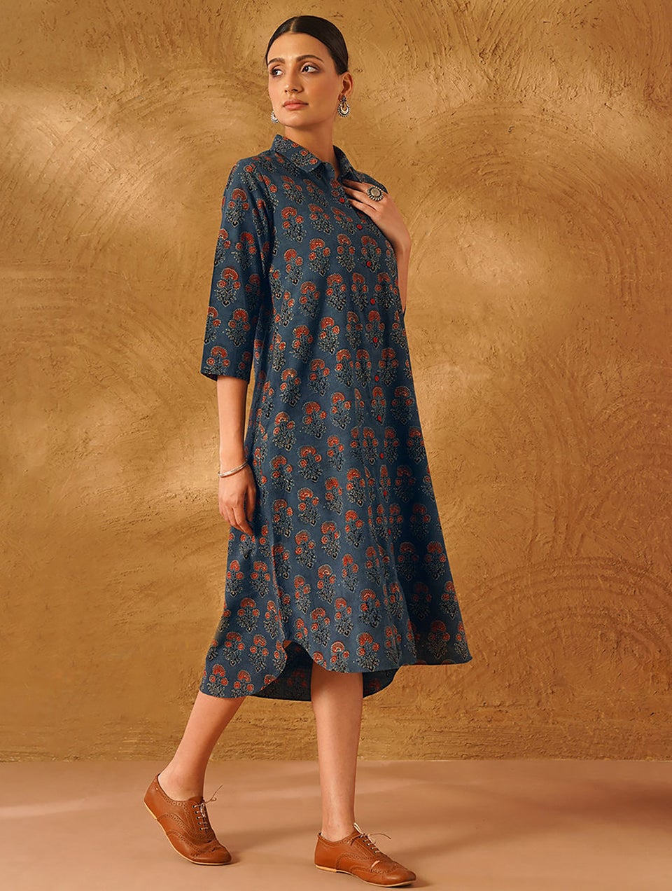 Women Indigo Natural Dyed Ajrakh Cotton Dress With Pockets