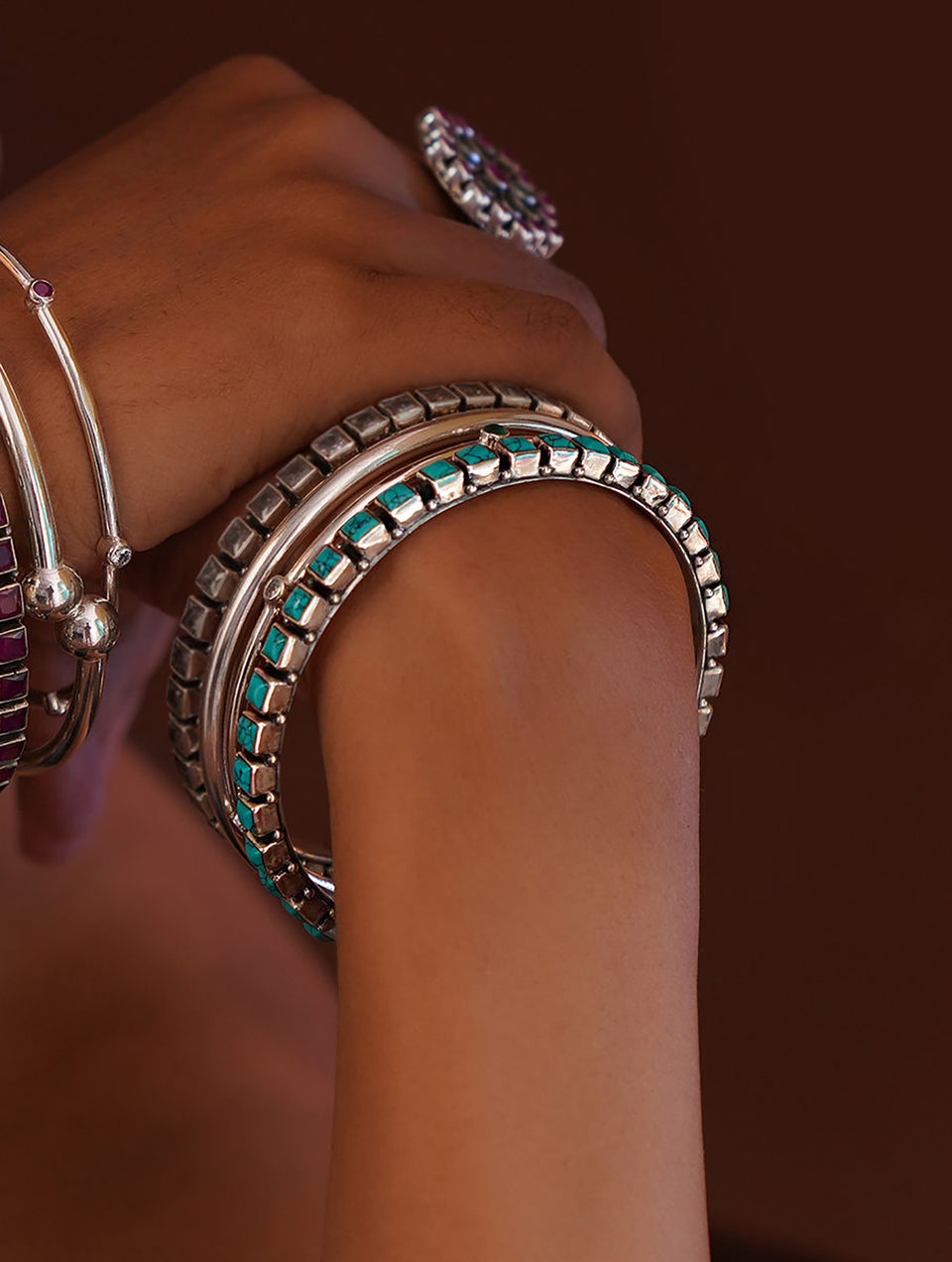 Women Turquoise Tribal Silver Bangle - 2/4