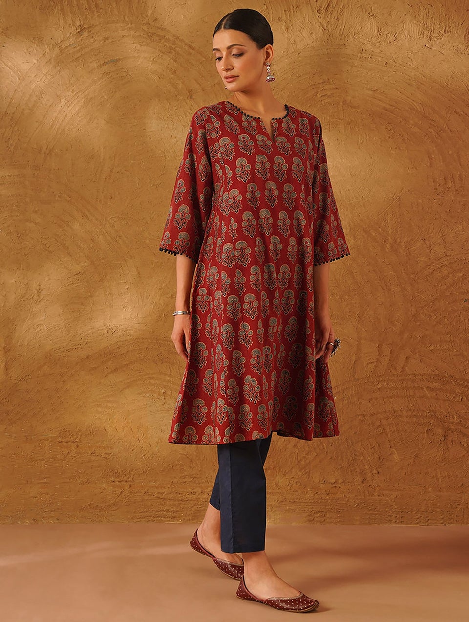 Women Red Cotton Ajrakh Round Neck Regular Fit Kurta - XS