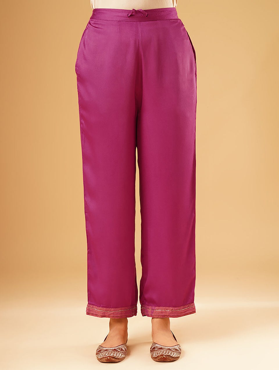 Women Fuchsia Pink Modal Embroidered Ankle Length Regular Fit Pant - XS