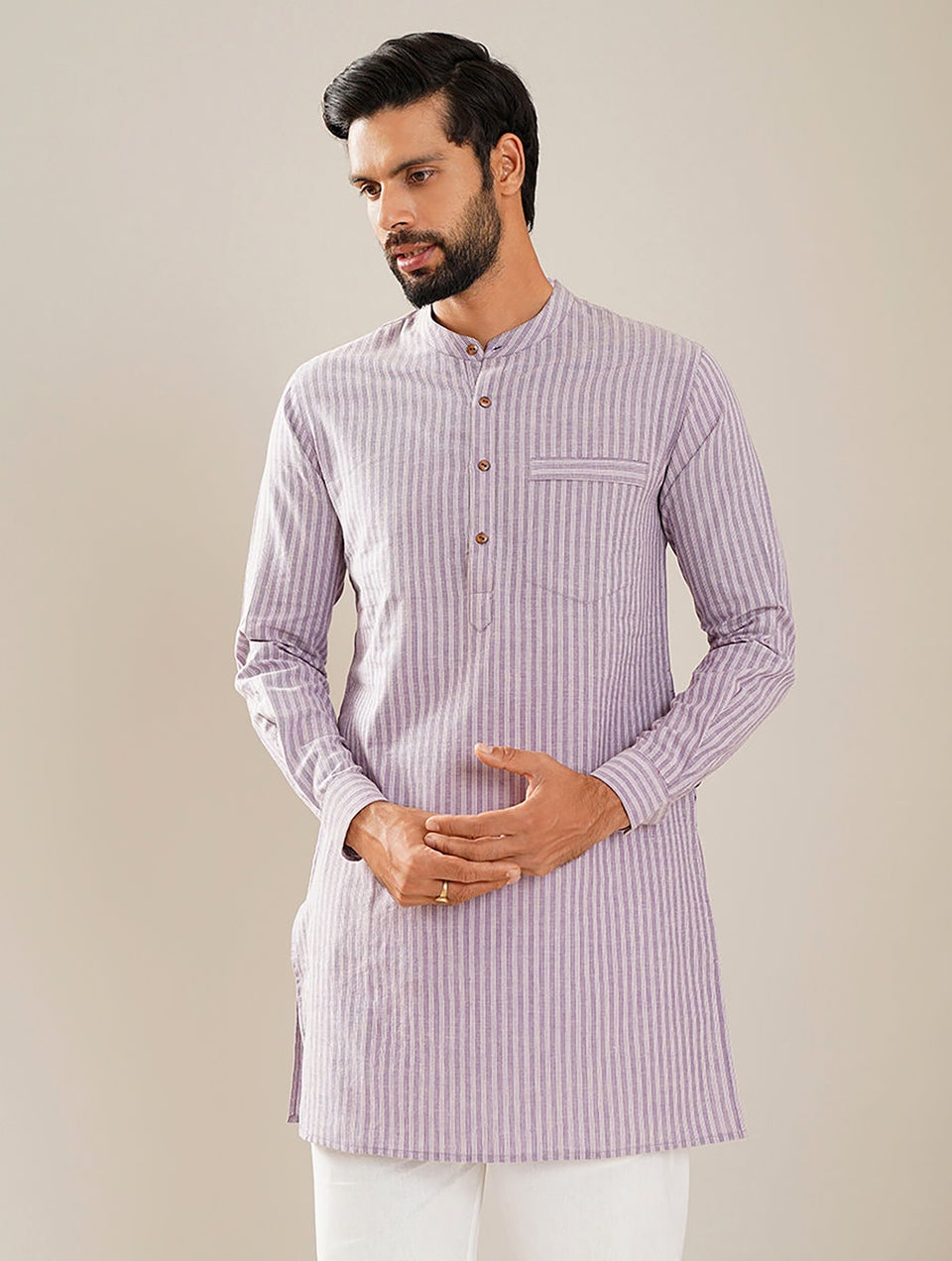 Men Lavender Purple Cotton Mandarin Collar Regular Fit Kurta - 38