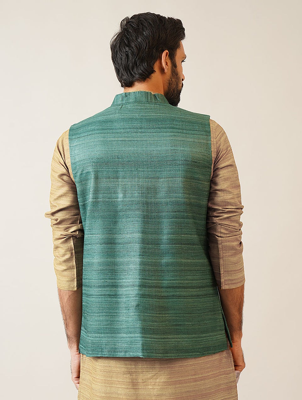 Men Green Handloom Tussar Ghicha Silk Nehru Jacket