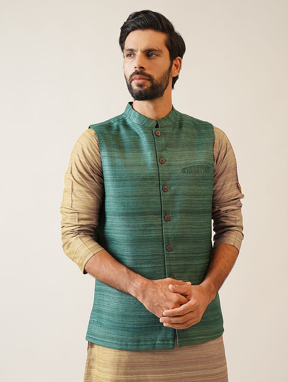 Men Green Handloom Tussar Ghicha Silk Nehru Jacket