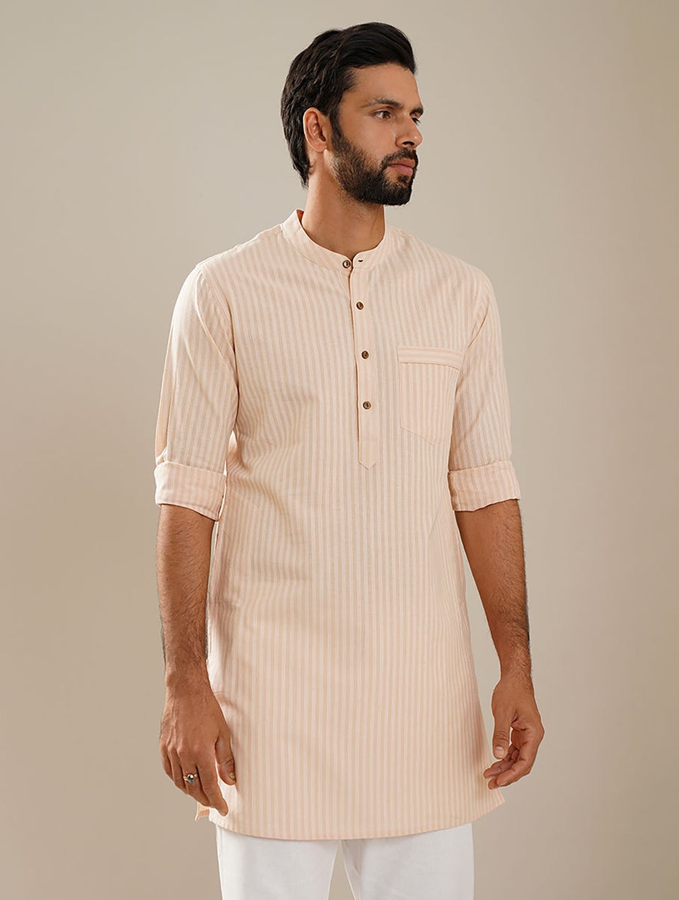 Men Peach Orange Cotton Mandarin Collar Regular Fit Kurta - 38