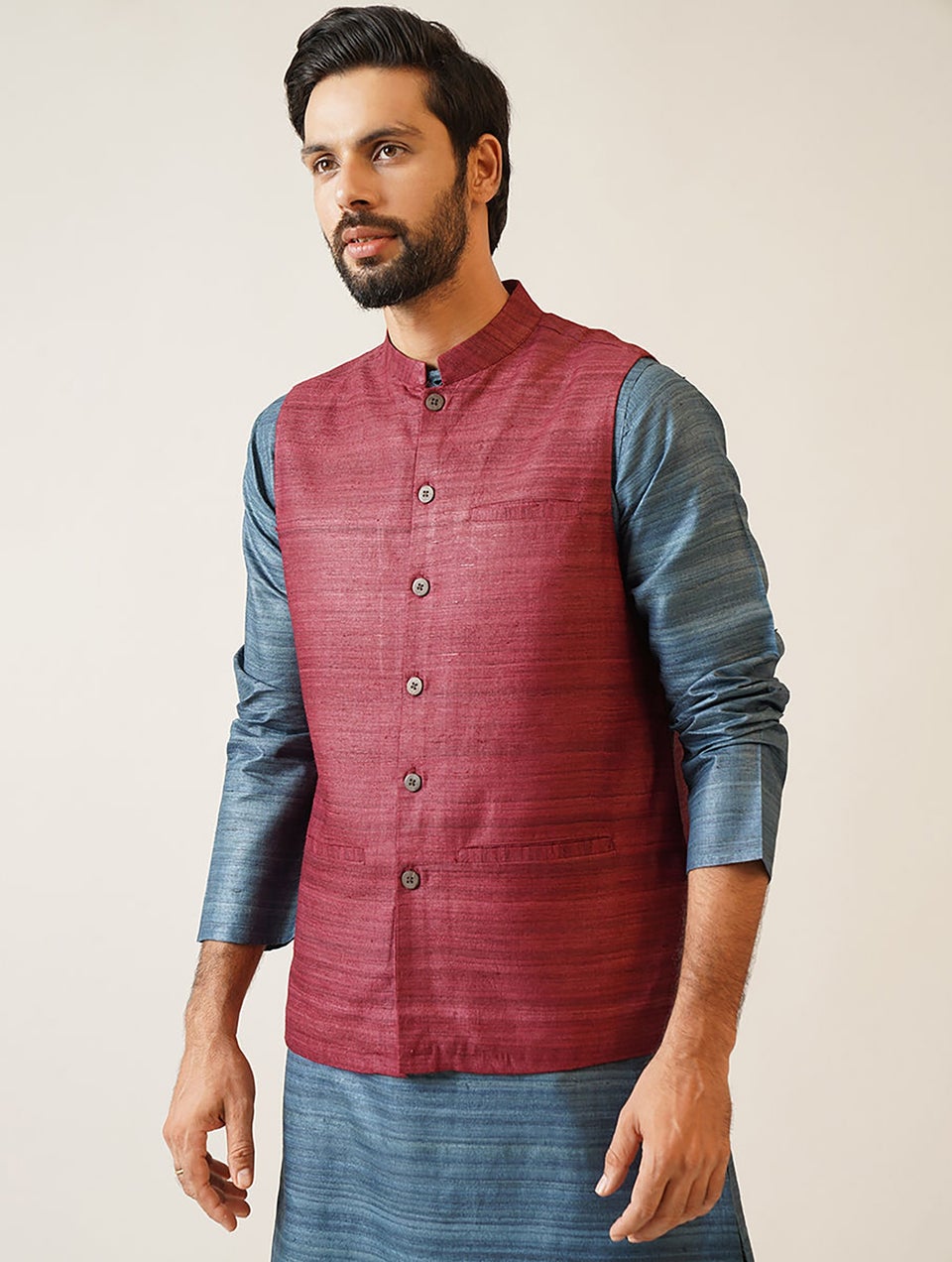 Men Maroon Handloom Tussar Ghicha Silk Nehru Jacket