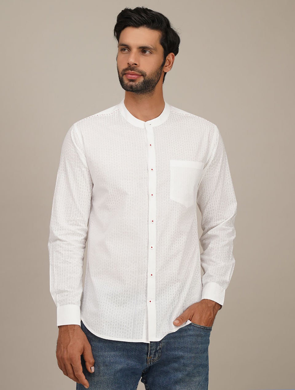 Jaypore Men White Cotton Printed Mandarin Collar Regular Fit Shirts