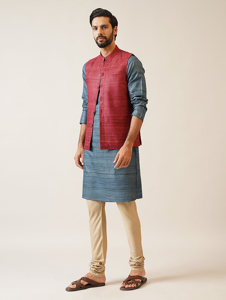 Men Teal Handloom Tussar Ghicha Silk Long Kurta