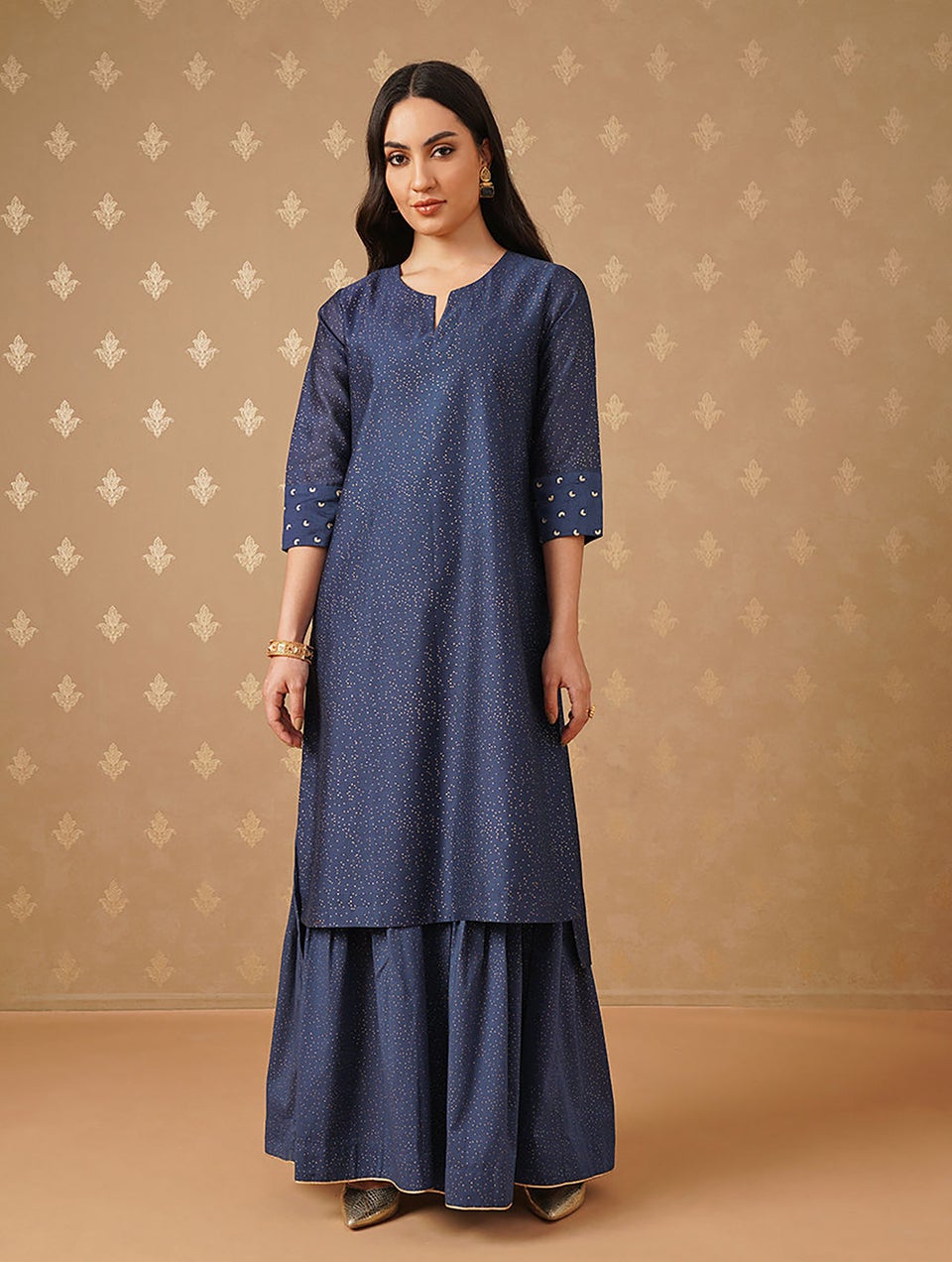 Women Indigo Blue Cotton Silk Khadi Round Neck Straight Fit Kurta - XS