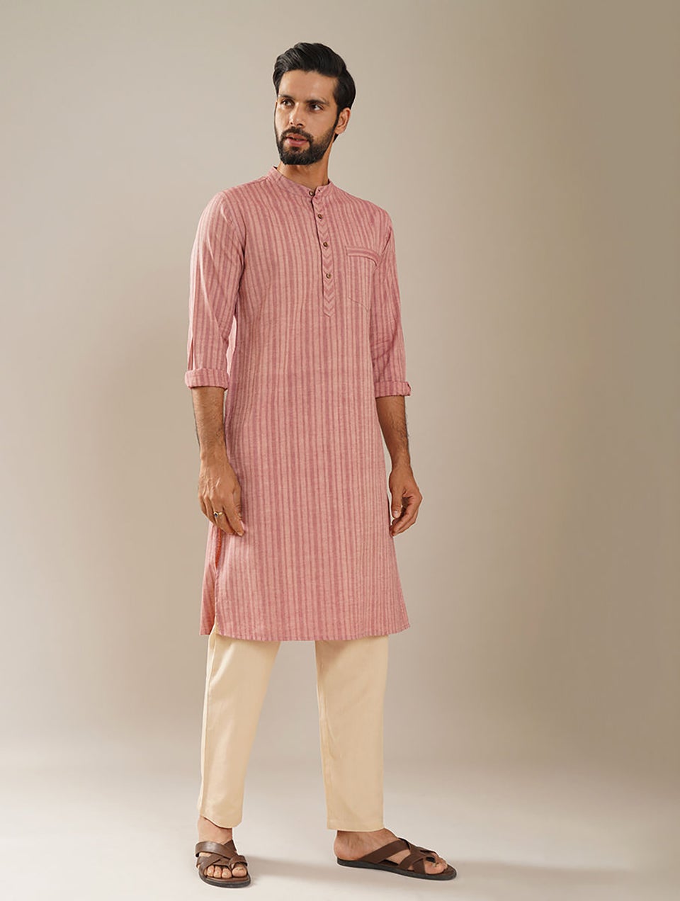 Men Pink Cotton Mandarin Collar Regular Fit Kurta - 38