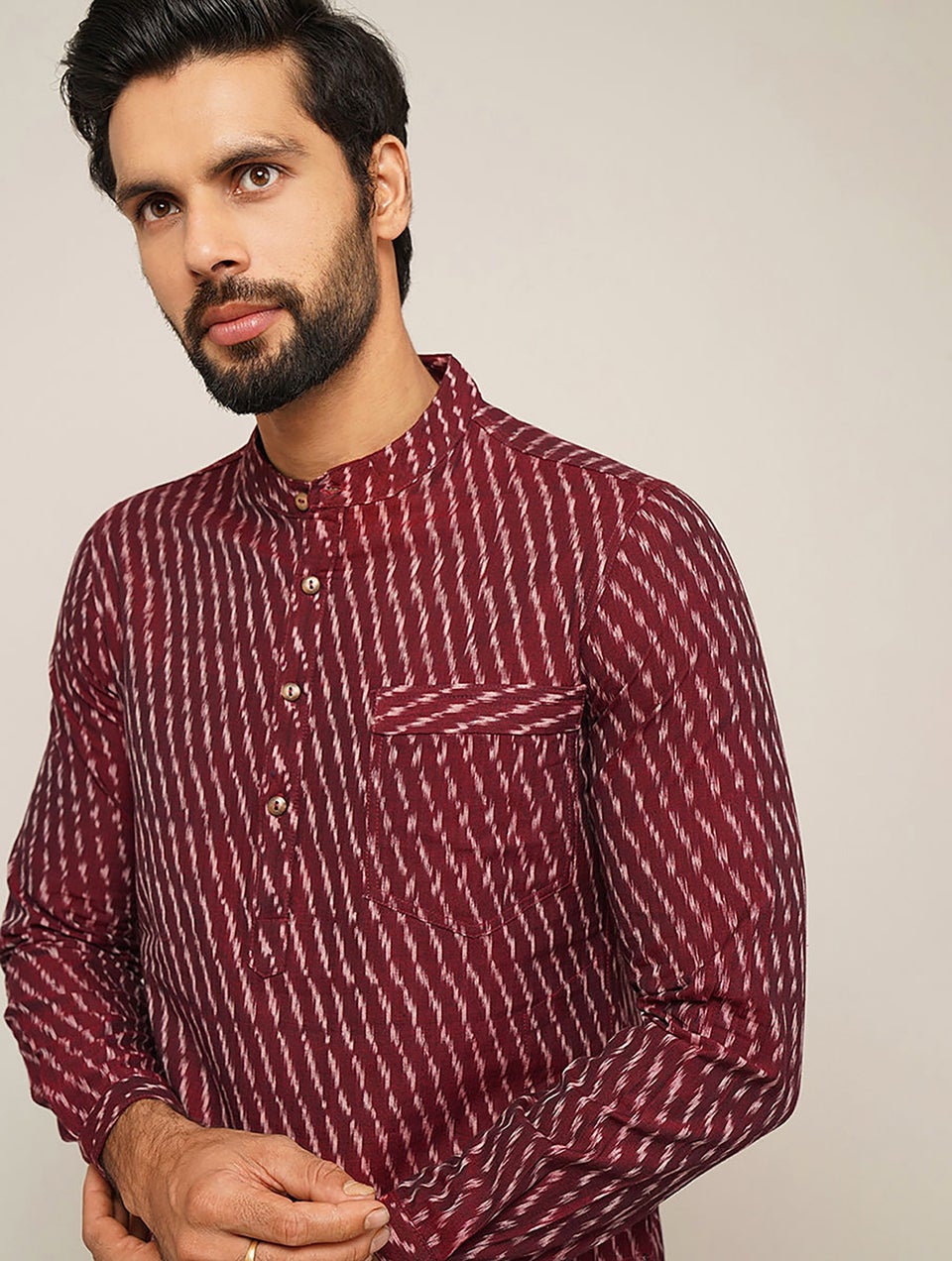 Men Maroon Red Cotton Ikat Mandarin Collar Regular Fit Kurta - 38
