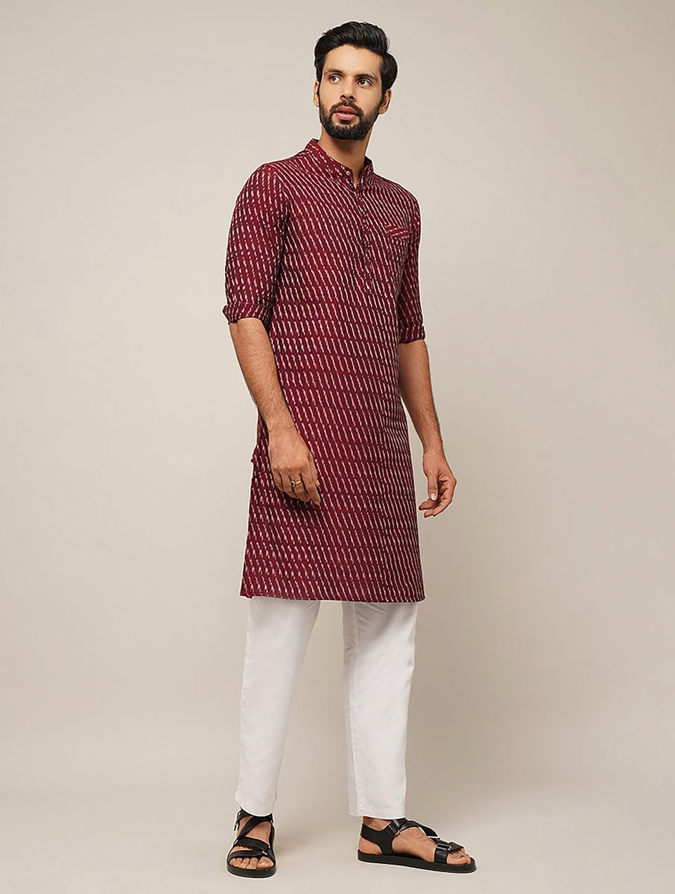 Men Maroon Red Cotton Ikat Mandarin Collar Regular Fit Kurta - 38