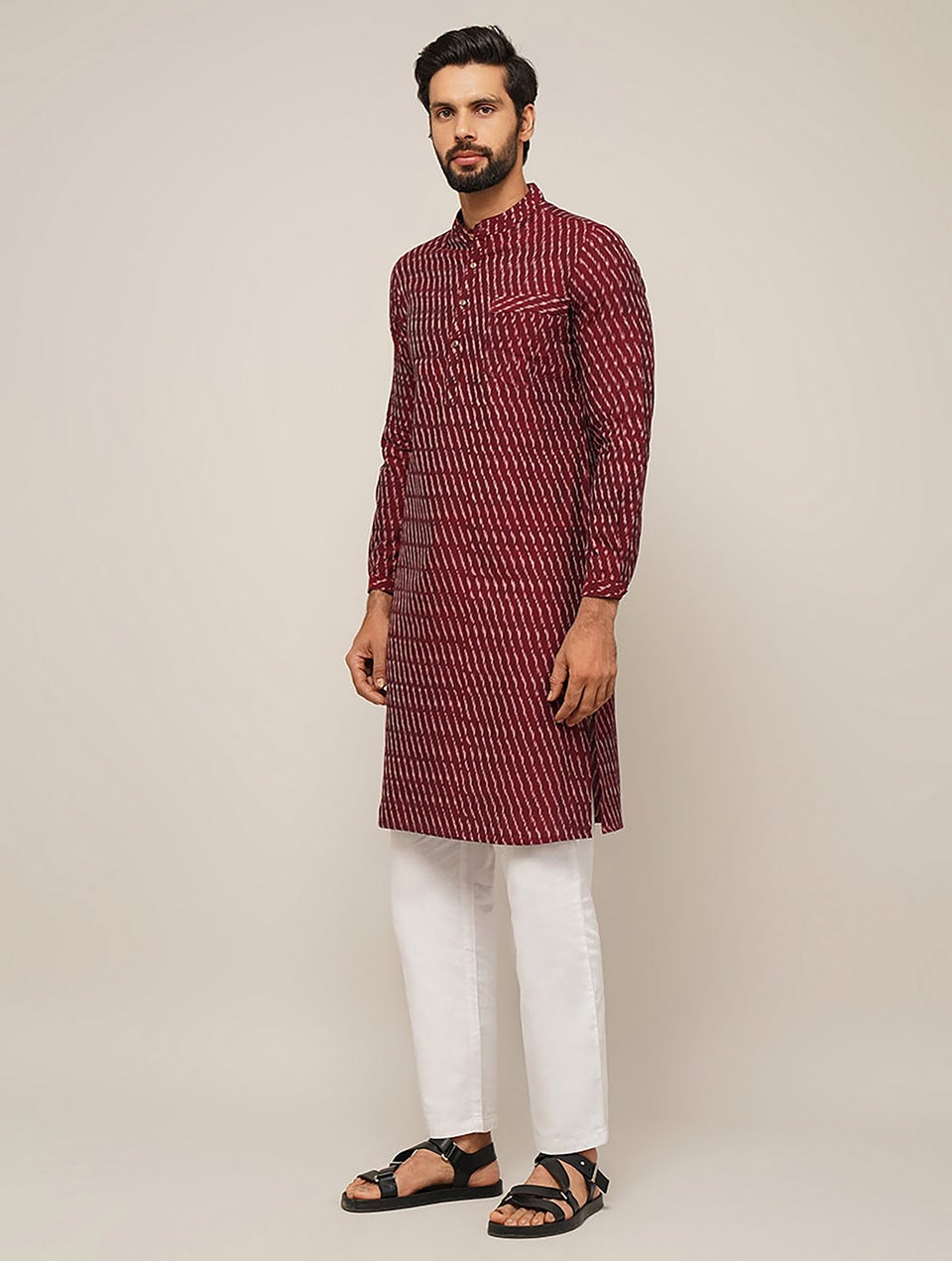 Men Maroon Red Cotton Ikat Mandarin Collar Regular Fit Kurta - 38