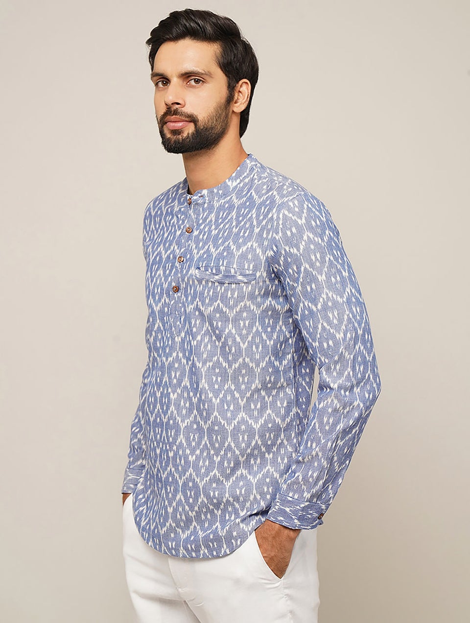 Men Blue Cotton Ikat Mandarin Collar Regular Fit Kurta - 38