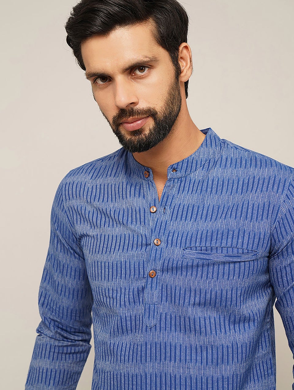 Men Blue Cotton Ikat Mandarin Collar Regular Fit Kurta - 38