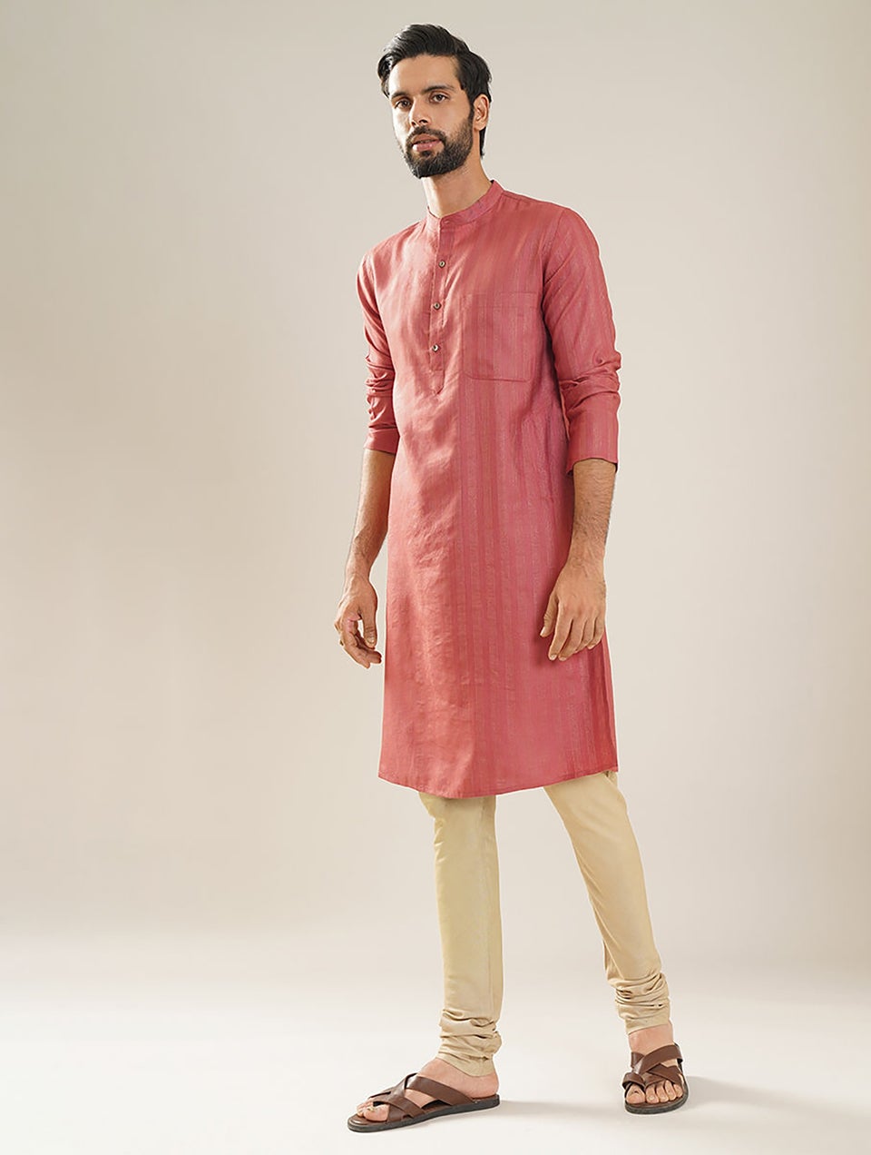 Men Rust Orange Silk Viscose Mandarin Collar Regular Fit Kurta - 38