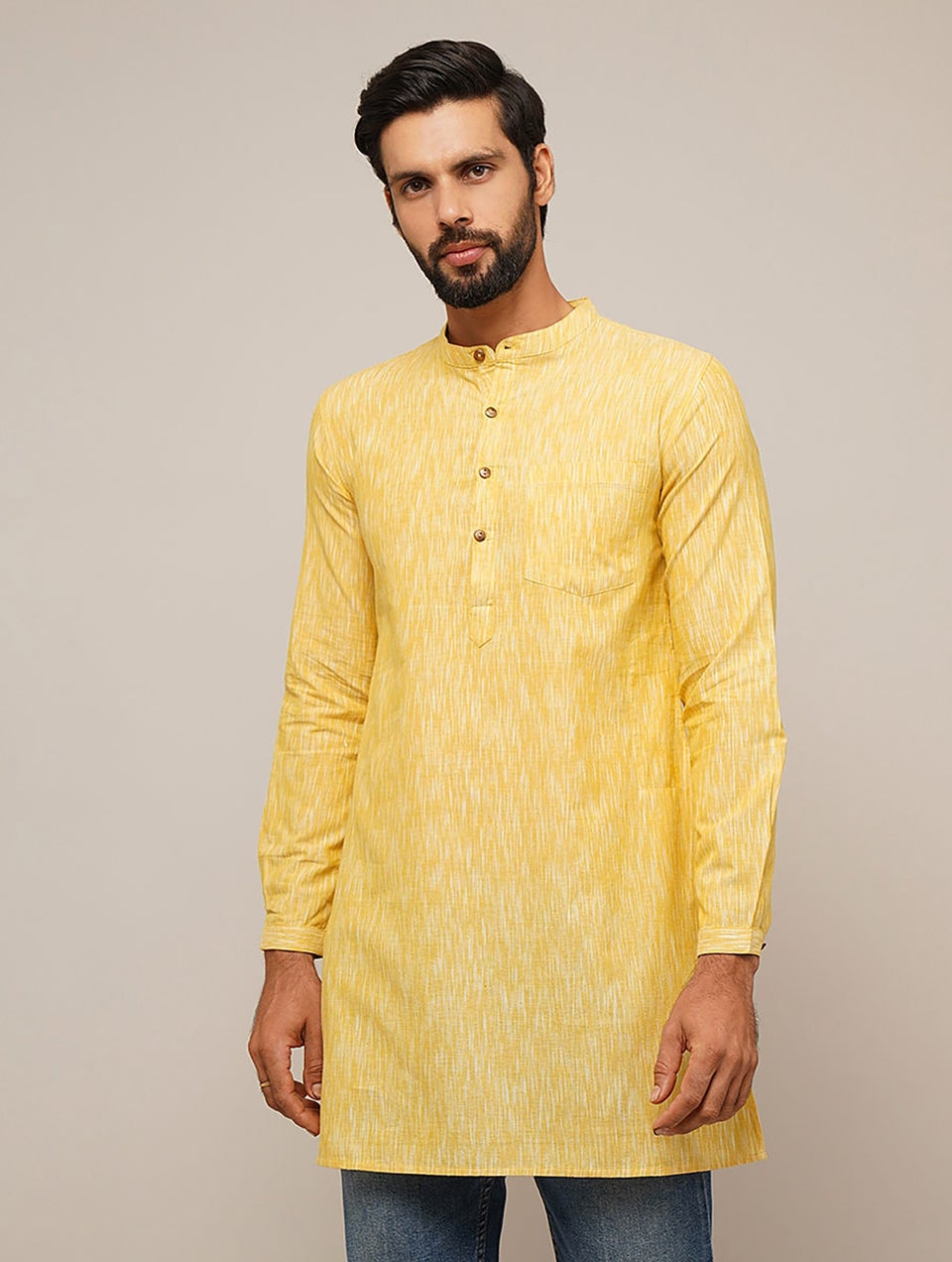 Men Yellow Cotton Ikat Mandarin Collar Regular Fit Kurta - 38