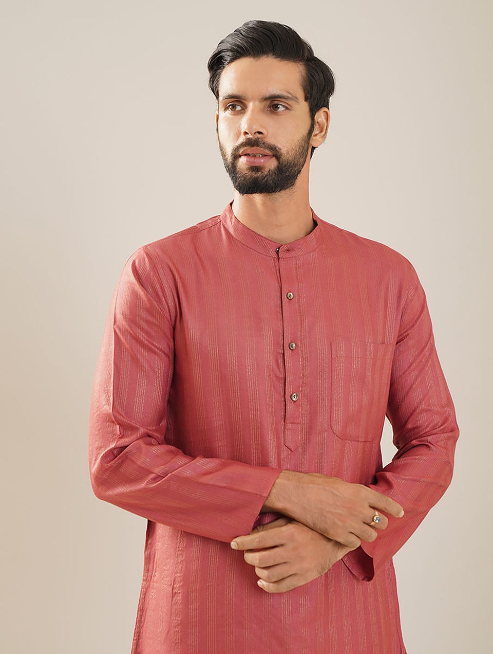 Men Rust Orange Silk Viscose Mandarin Collar Regular Fit Kurta - 42