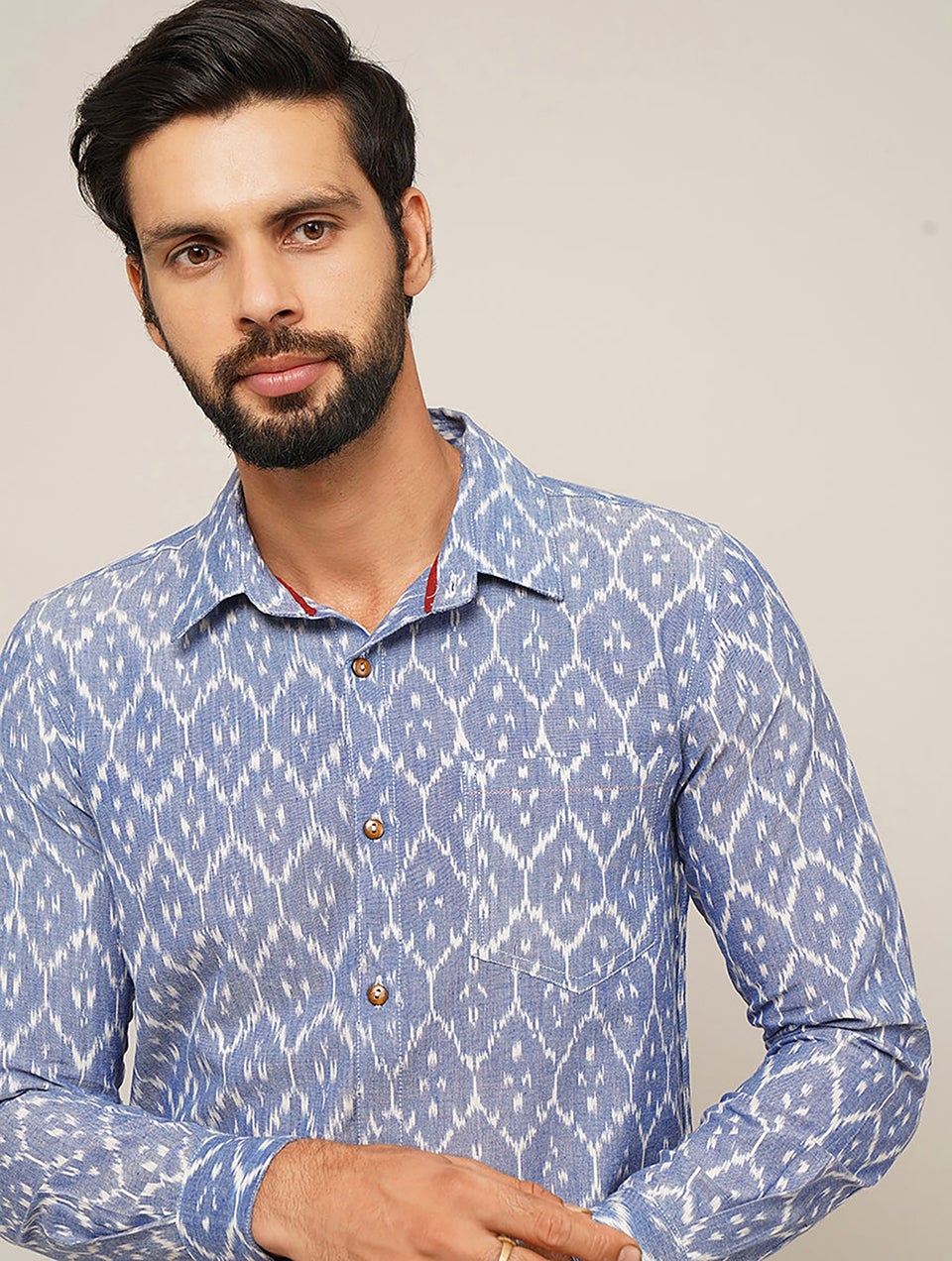 Men Blue Ikat Cotton Full Sleeve Shirt