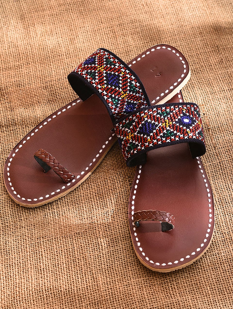 Women Brown Handcrafted Leather Kolhapuri Flats With Jat Embroidery