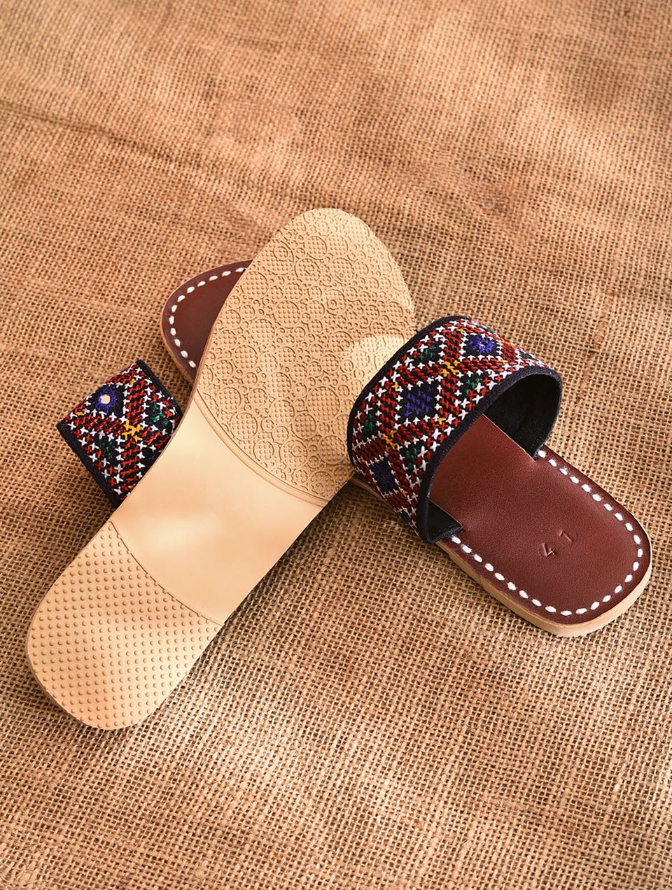 Women Brown Leather Embroidered Open Back One Toe Flats Kolhapuri - EU-36