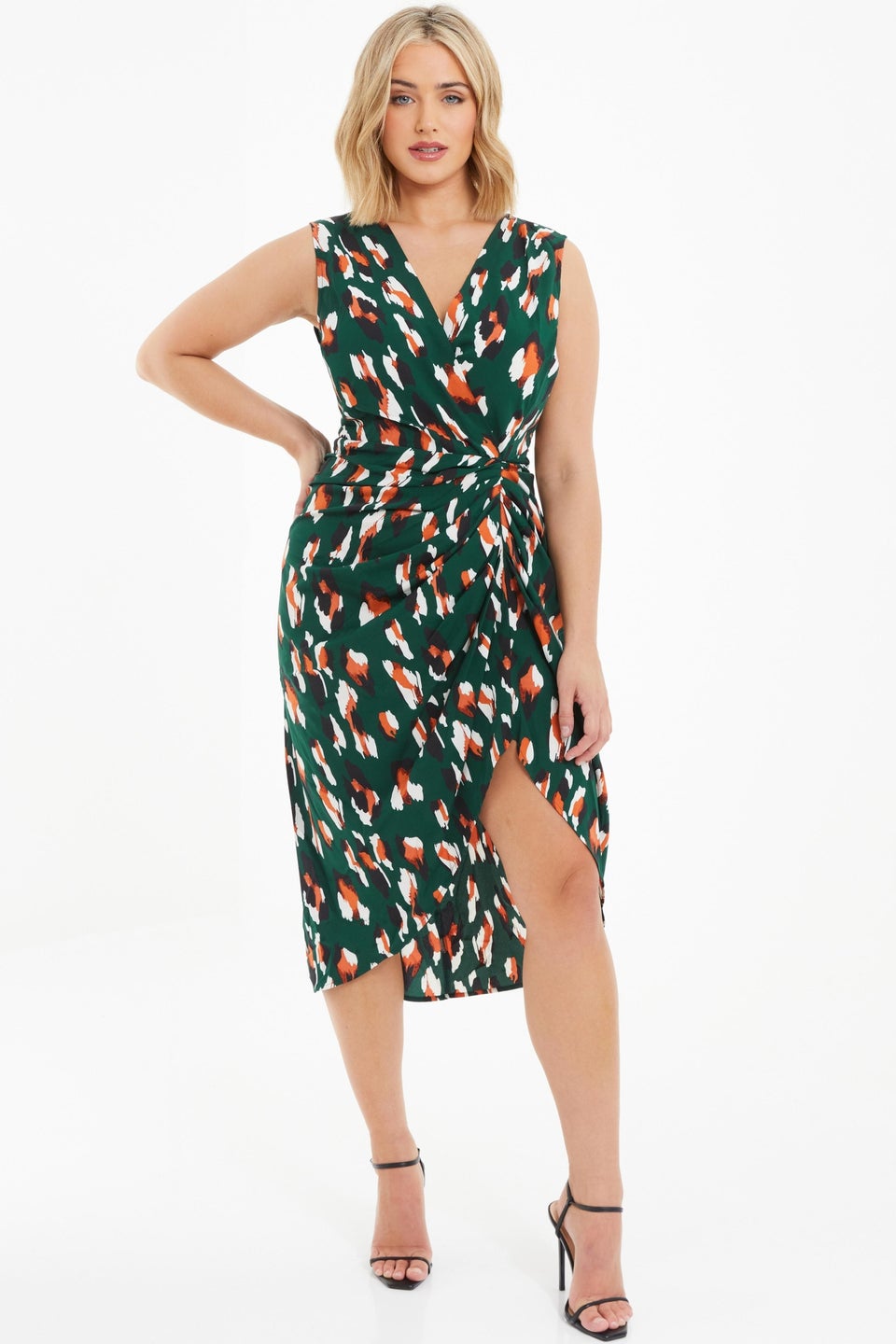 Quiz Green Curve Animal Print Ruched Midi Dress Matalan